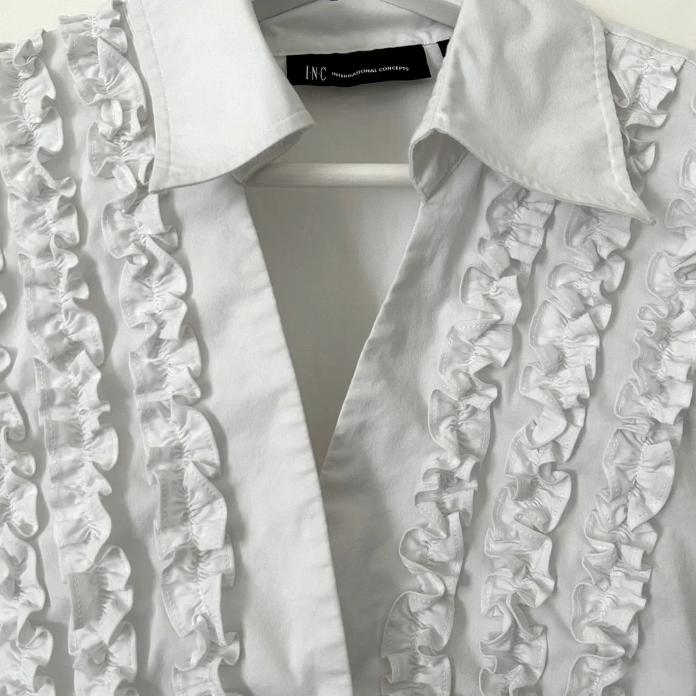 INC International Concepts White Ruffle Button Down Shirt - Picture 4 of 5